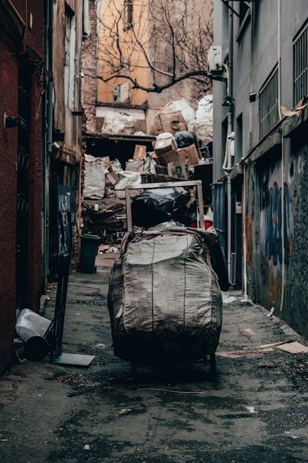 A narrow urban alleyway filled with a large collection of mixed waste and rubbish bags, some black and others white, stacked atop a cart with metal handles, positioned in the foreground. The ground surface is dark and stained, with scattered debris and discarded items such as a small trash bin, a piece of cardboard, and a broken piece of plastic. In the background, there are piles of cardboard boxes, paper, and other refuse piled up against a wooden structure, indicating a scene of waste accumulation. The alley is flanked by tall, weathered buildings with uneven brick and concrete walls, some covered in graffiti or peeling paint, with leafless trees visible above, suggesting an outdoor environment. Lighting appears natural, with diffuse daylight illuminating the cluttered space, reflecting an environment typical of private waste disposal or rubbish clearance services in an urban setting, emphasizing the importance of professional rubbish removal such as that offered by Waste Disposal Croydon.
